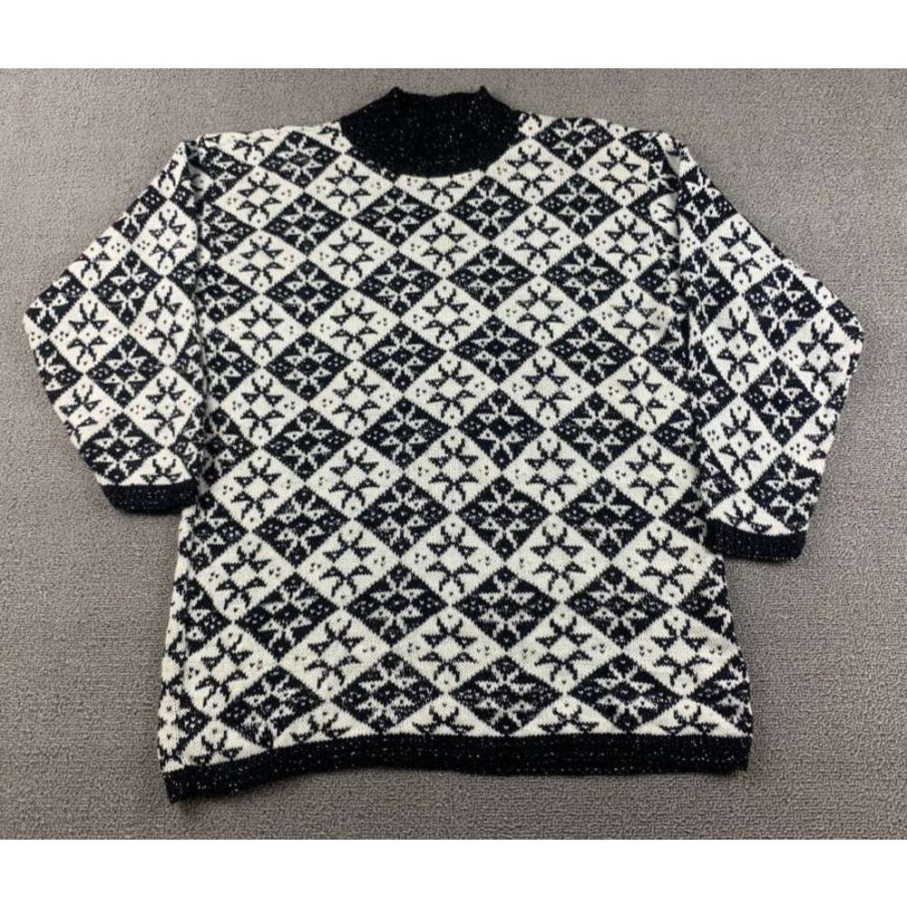 Vintage American Pride Sweater Women M Black Snowflake Pattern Metallic Silver